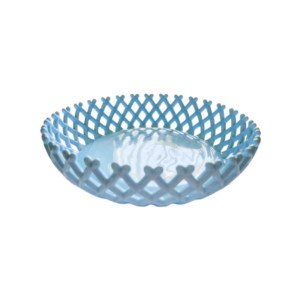 Vintage Blue Slag Glass Basket Weave Fruit Bowl, 1930s, 9" Diameter